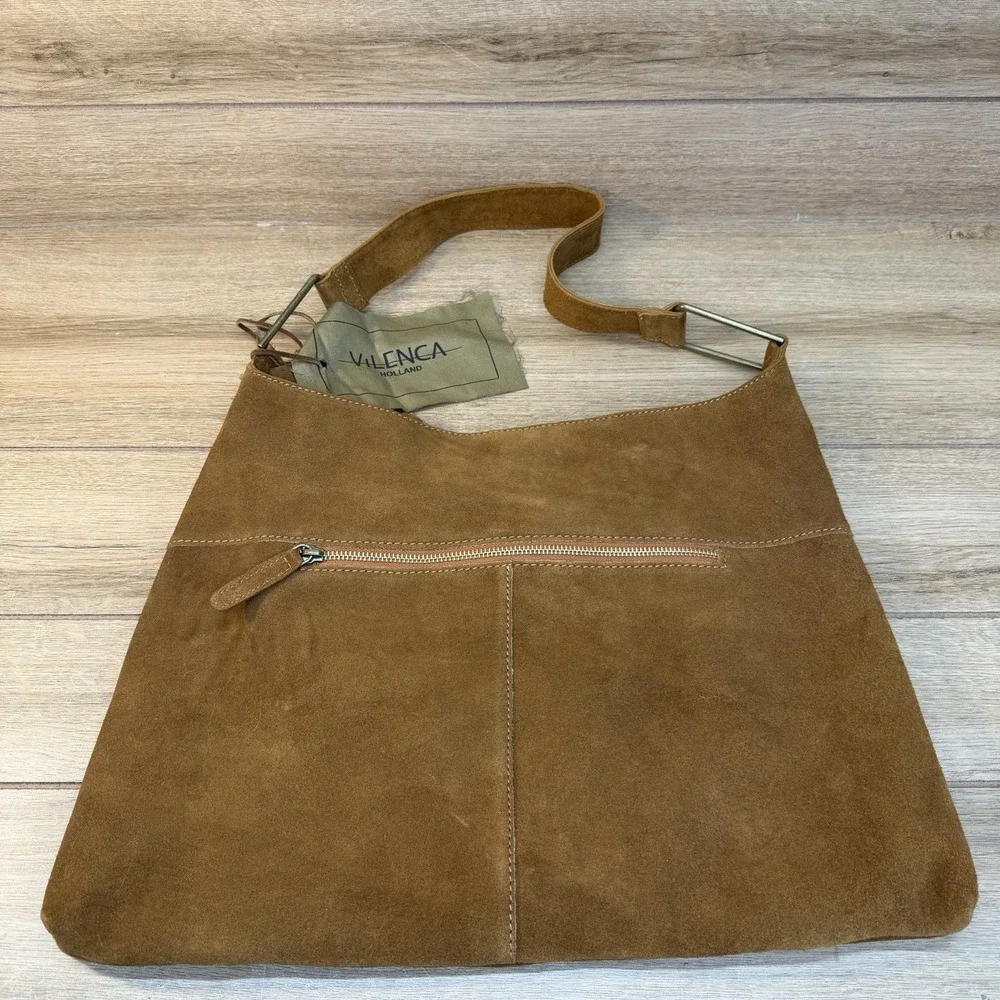 Vilenca Holland Suede Slouchy Hobo Shoulder Bag Earthy Brown Whipstitch Boho